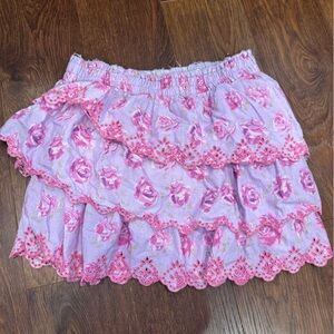 LoveShackFancy Pink and Purple Floral Ruffled Skirt